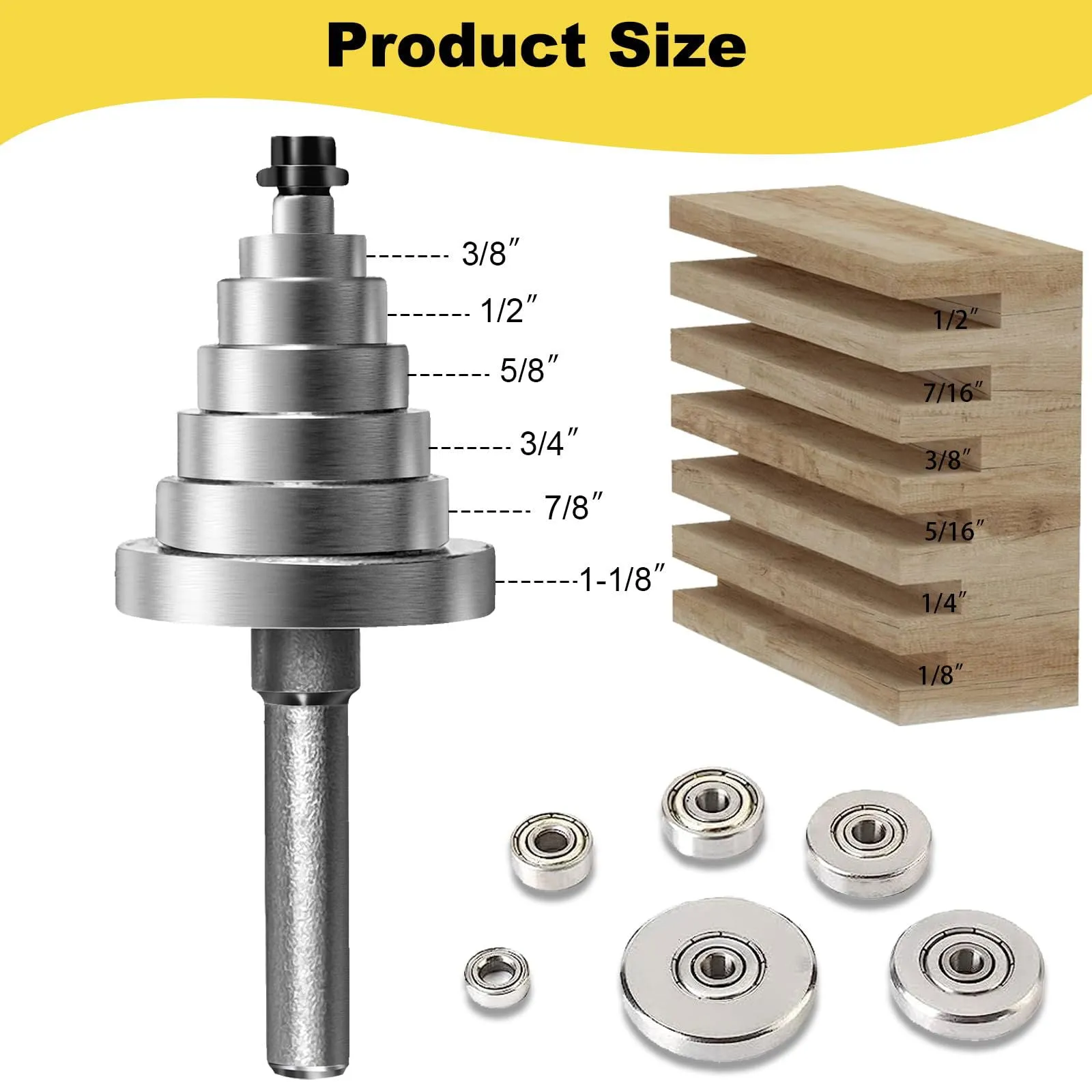1/4 Inch Shank Rabbet Router Bit Set, 3 Pieces Carbide Tipped Rabbeting Router Bit with 6 Bearings Set, Interchangeable and Adjustable Bearing