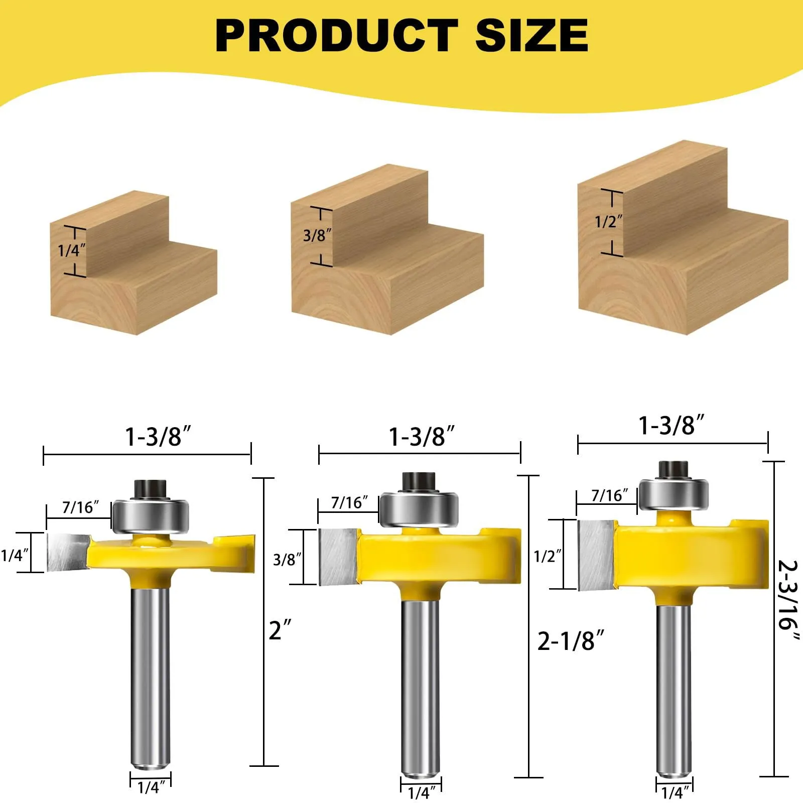 1/4 Inch Shank Rabbet Router Bit Set, 3 Pieces Carbide Tipped Rabbeting Router Bit with 6 Bearings Set, Interchangeable and Adjustable Bearing