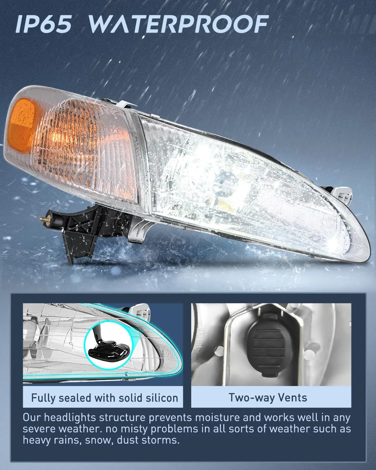 1998-2000 Toyota Corolla Headlight Assembly Chrome Housing Amber Reflector Upgraded Clear Lens