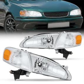 1998-2000 Toyota Corolla Headlight Assembly Chrome Housing Amber Reflector Upgraded Clear Lens
