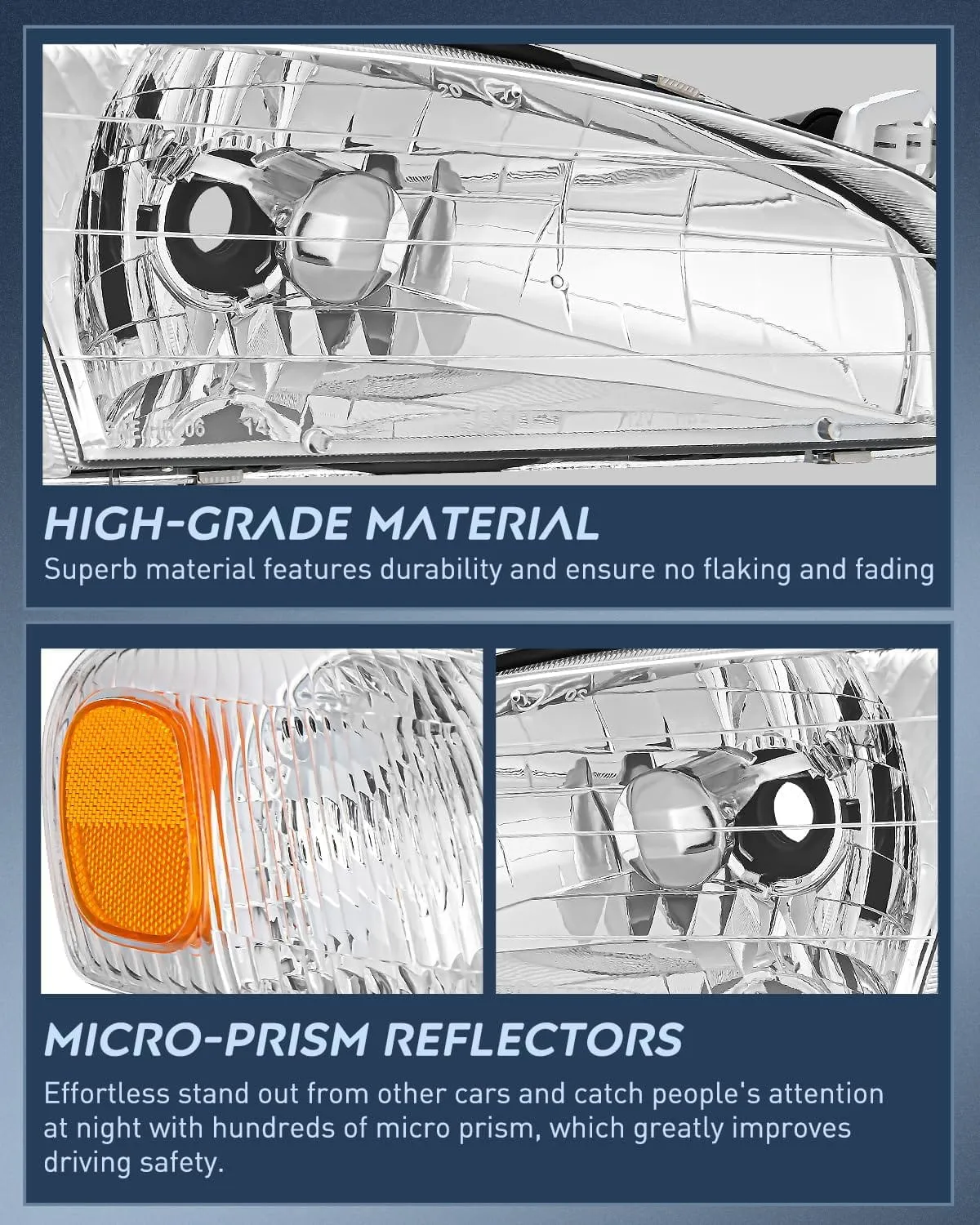1998-2000 Toyota Corolla Headlight Assembly Chrome Housing Amber Reflector Upgraded Clear Lens