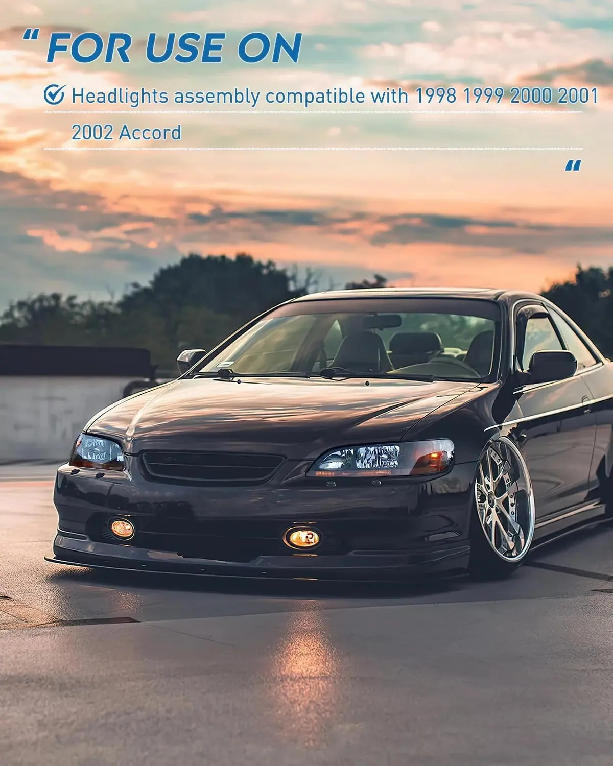 1998-2002 Honda Accord Headlight Assembly Black Case Amber Reflector Upgraded Clear Lens