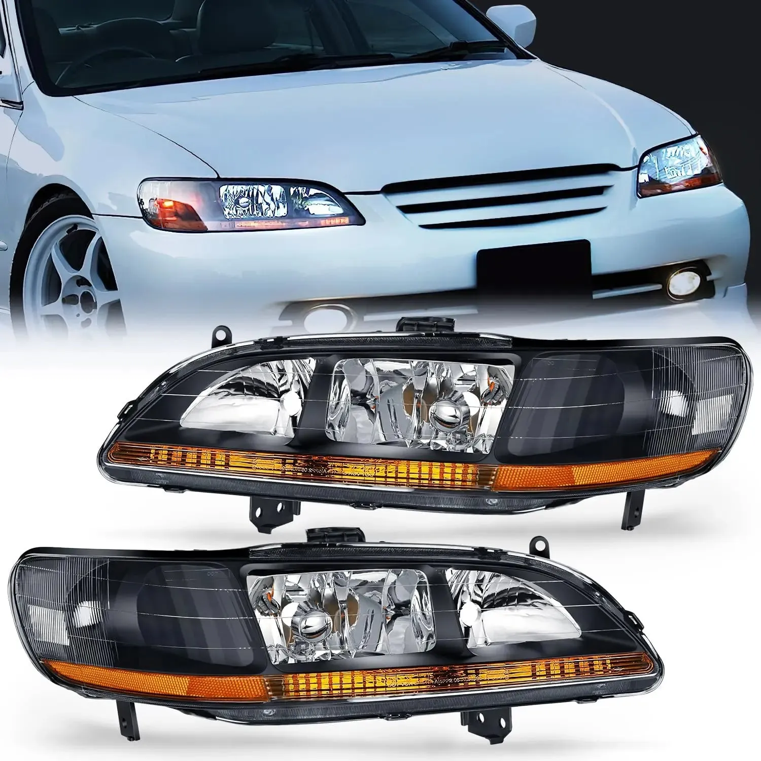 1998-2002 Honda Accord Headlight Assembly Black Case Amber Reflector Upgraded Clear Lens