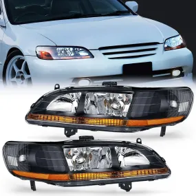 1998-2002 Honda Accord Headlight Assembly Black Case Amber Reflector Upgraded Clear Lens