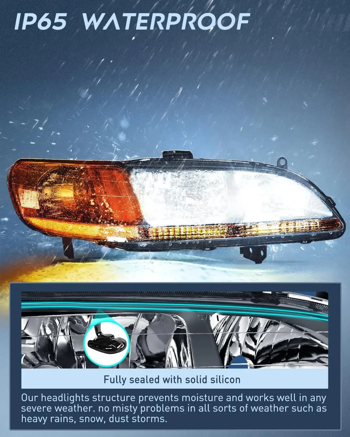 1998-2002 Honda Accord Headlight Assembly Black Case Amber Reflector Upgraded Clear Lens