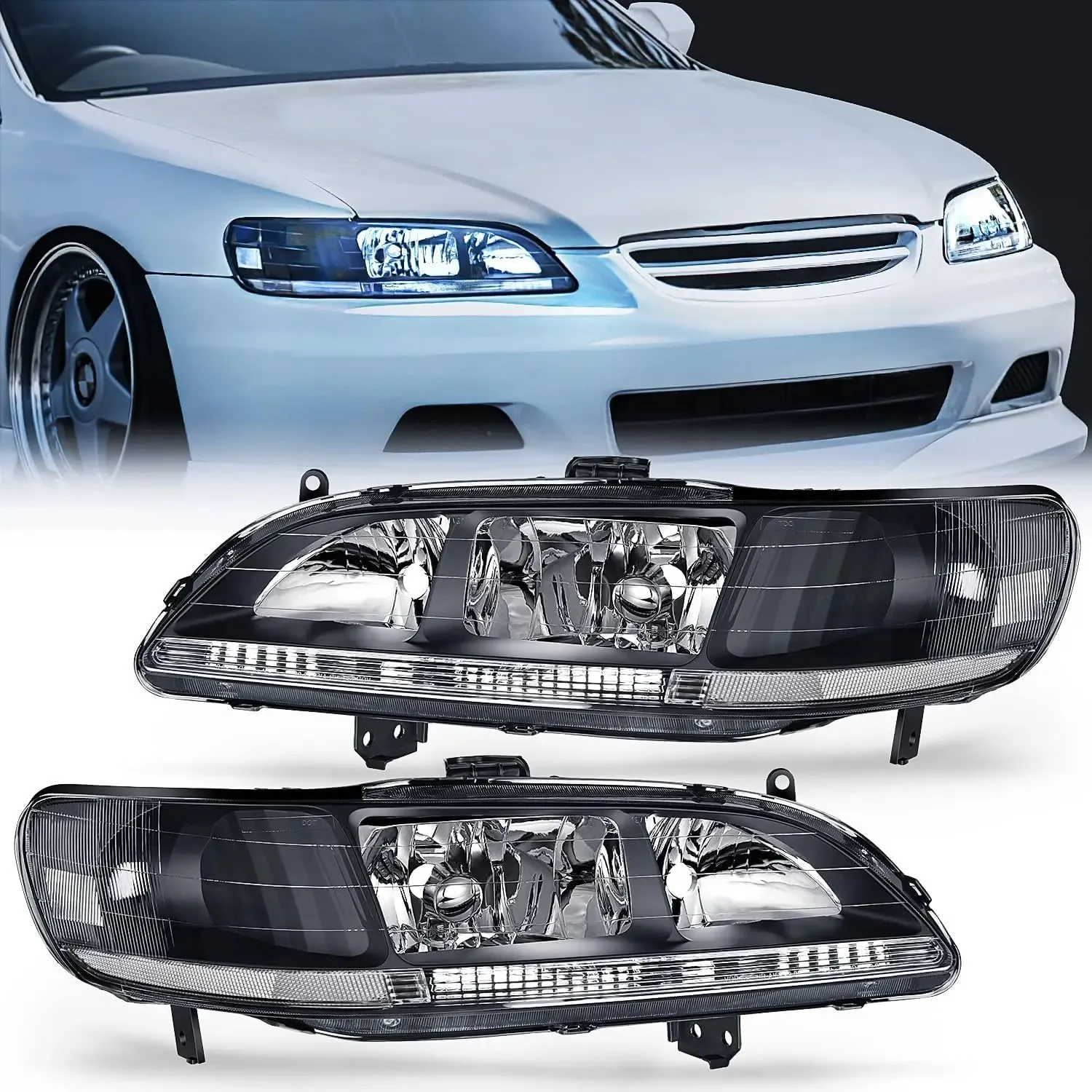 1998-2002 Honda Accord Headlight Assembly Black Case Clear Reflector Upgraded Clear Lens