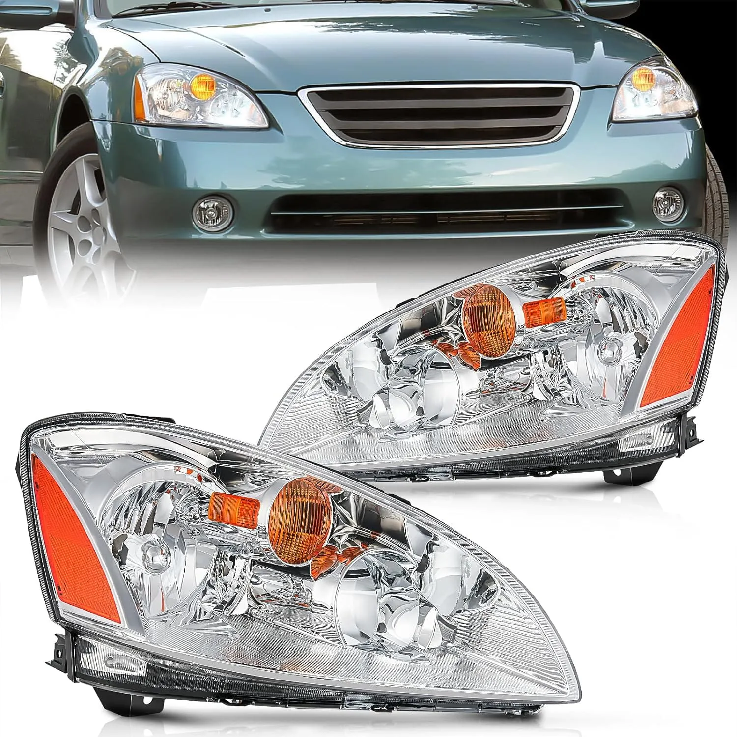 2002-2004 Nissan Altima Headlight Assembly Chrome Housing Amber Reflector Clear Lens