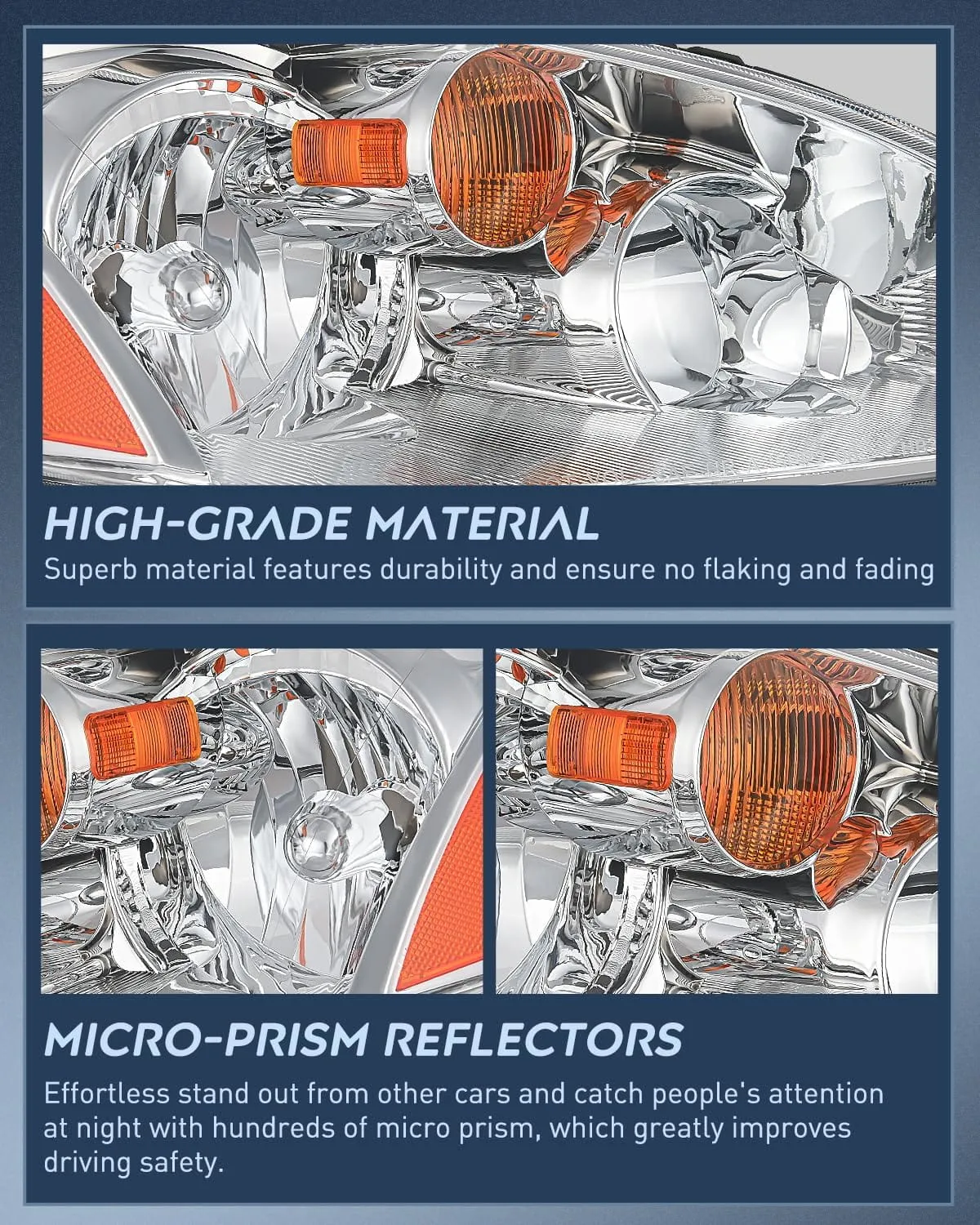 2002-2004 Nissan Altima Headlight Assembly Chrome Housing Amber Reflector Clear Lens