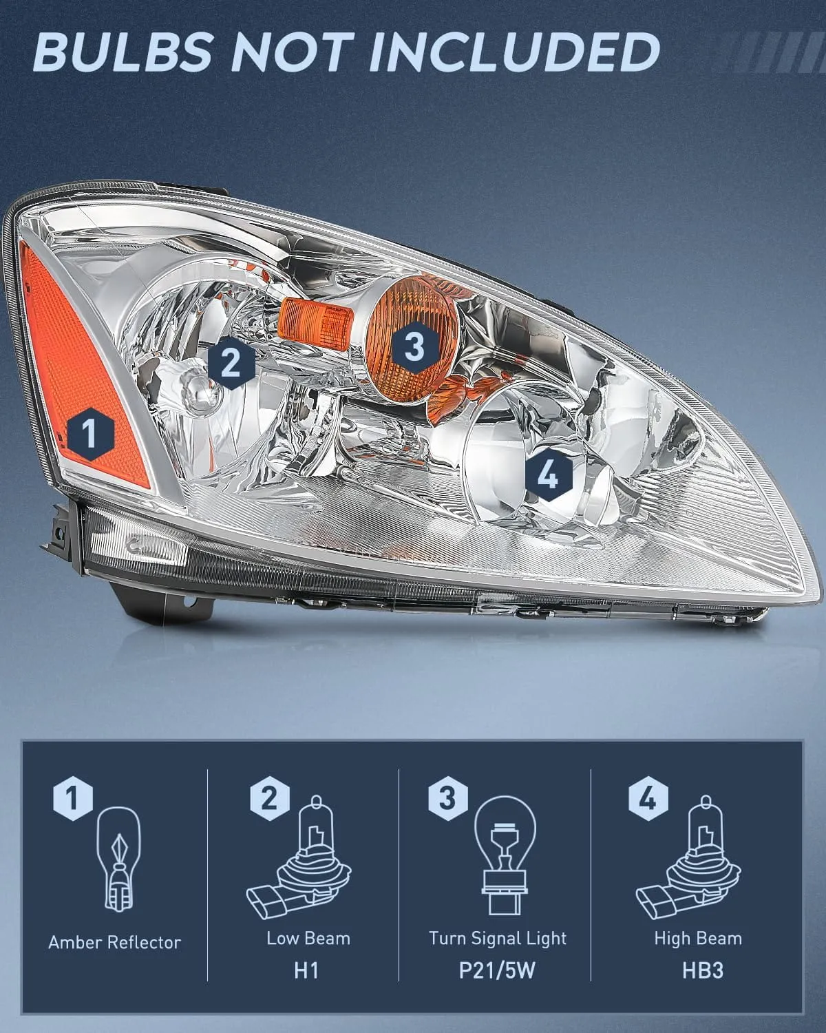 2002-2004 Nissan Altima Headlight Assembly Chrome Housing Amber Reflector Clear Lens
