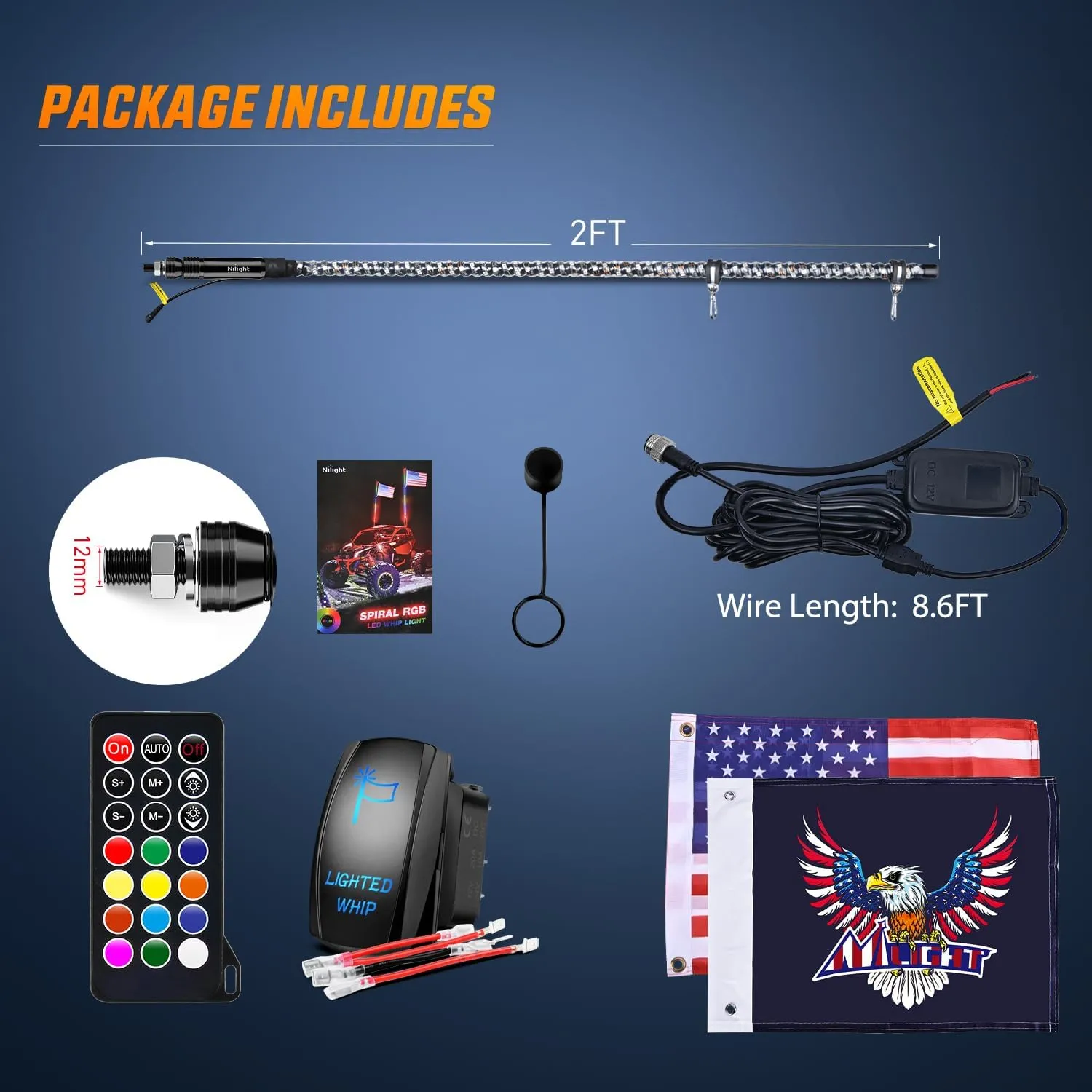 2FT Spiral Antenna Led Whip Light RF Remote Control | 8.6FT Wire 5Pin Switch
