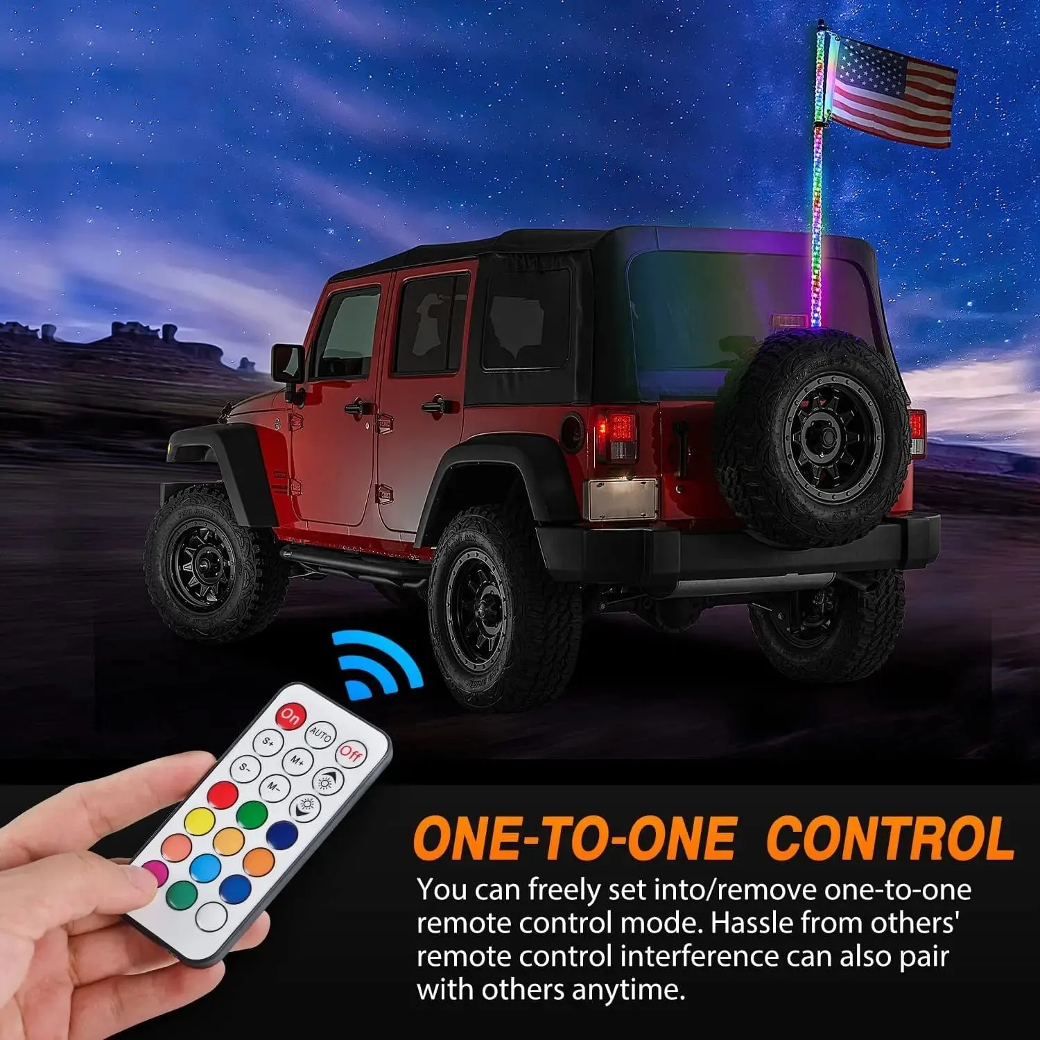 2Pcs 3FT Spiral Antenna Led Whip Light RF Remote Control | 8.6FT Wire 5Pin Switch