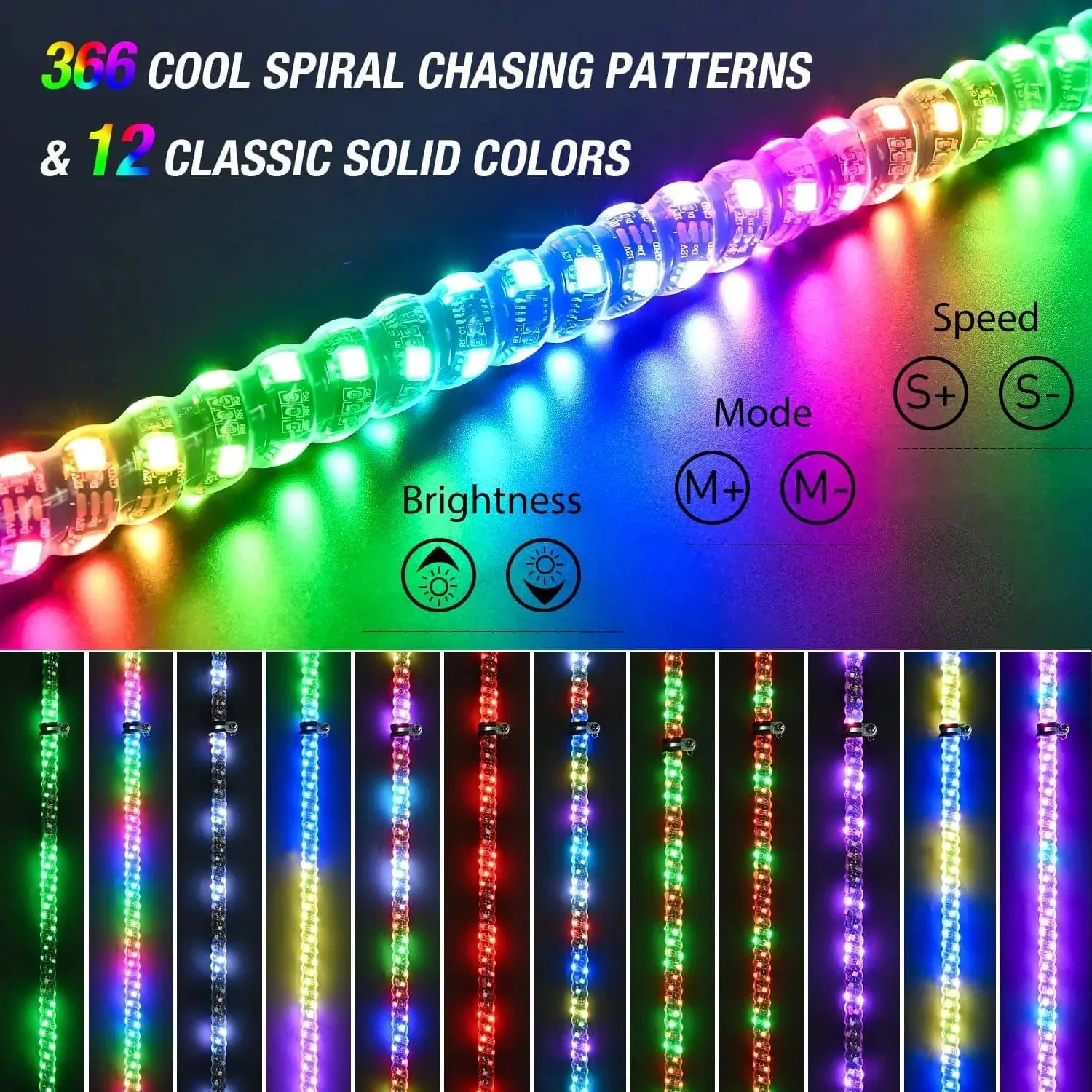3FT Spiral Antenna Led Whip Light RF Remote Control | 8.6FT Wire 5Pin Switch