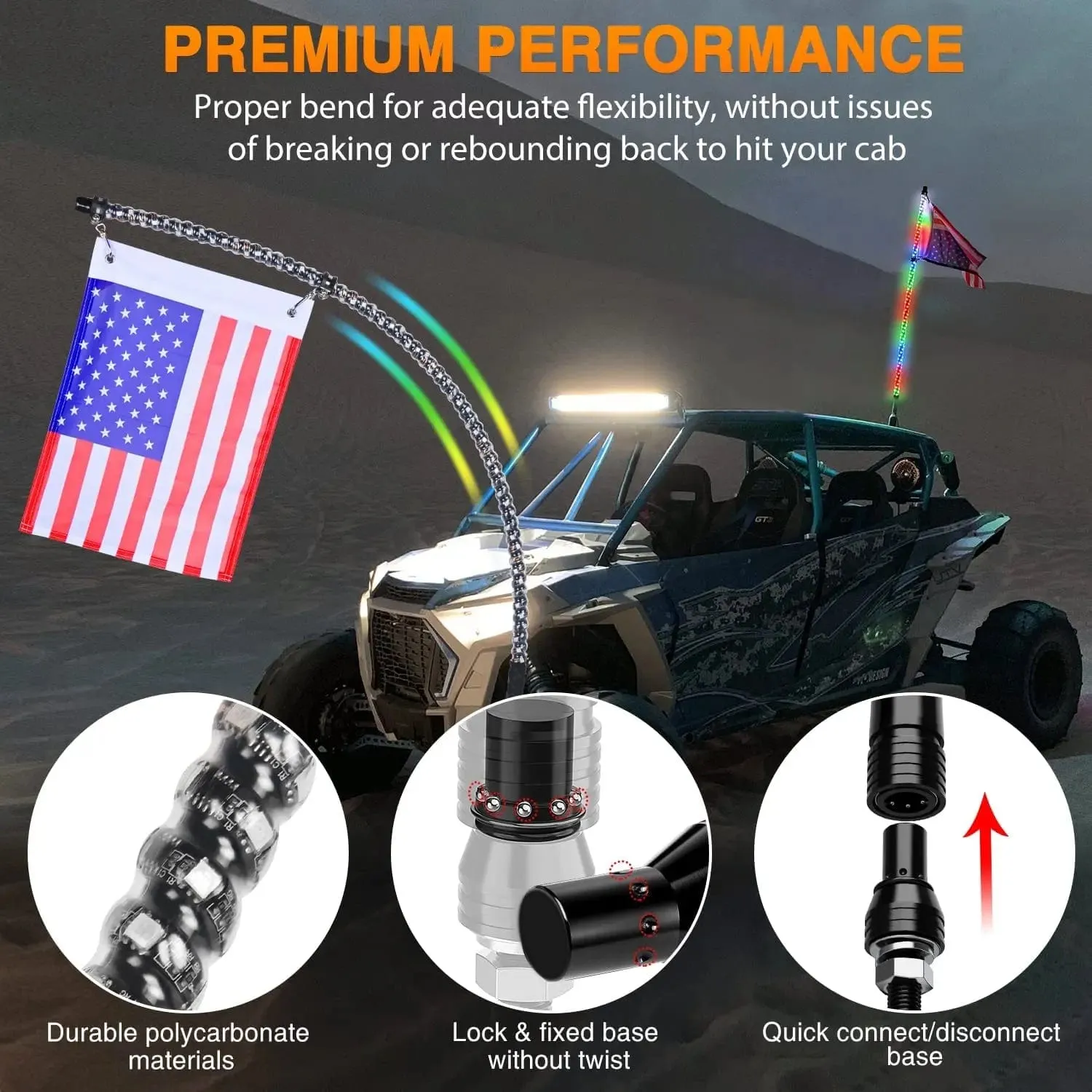 3FT Spiral Antenna Led Whip Light RF Remote Control | 8.6FT Wire 5Pin Switch