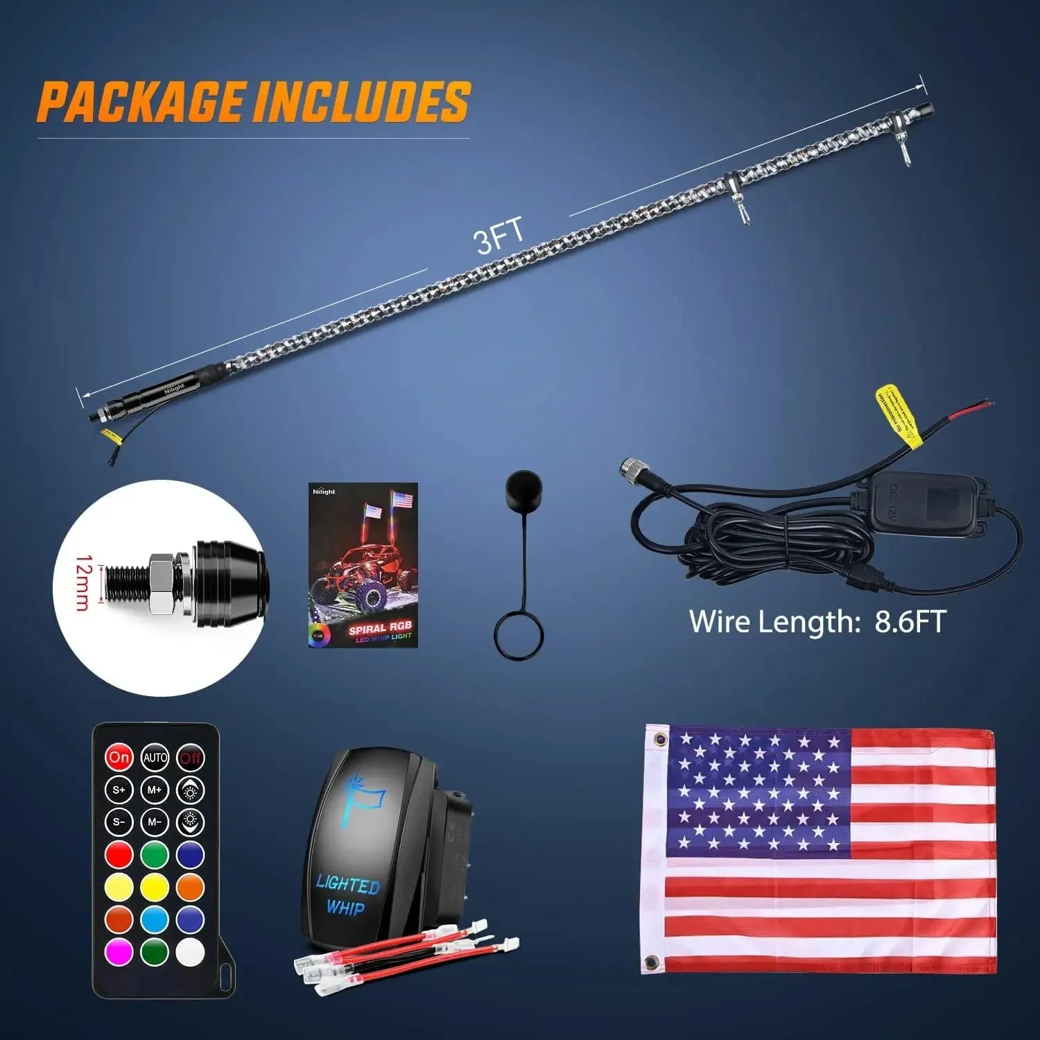 3FT Spiral Antenna Led Whip Light RF Remote Control | 8.6FT Wire 5Pin Switch