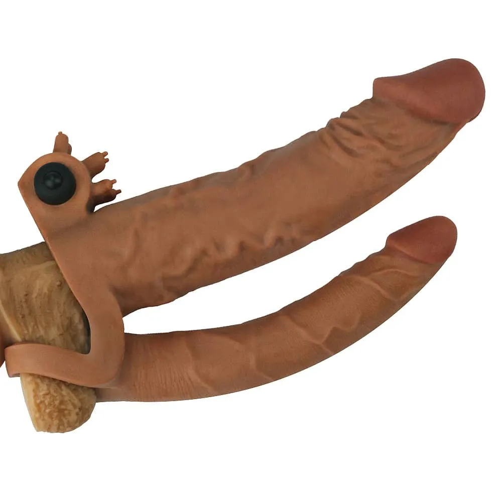 Add 2" Vibrating Double Penis Sleeve Anal Dildo Brown