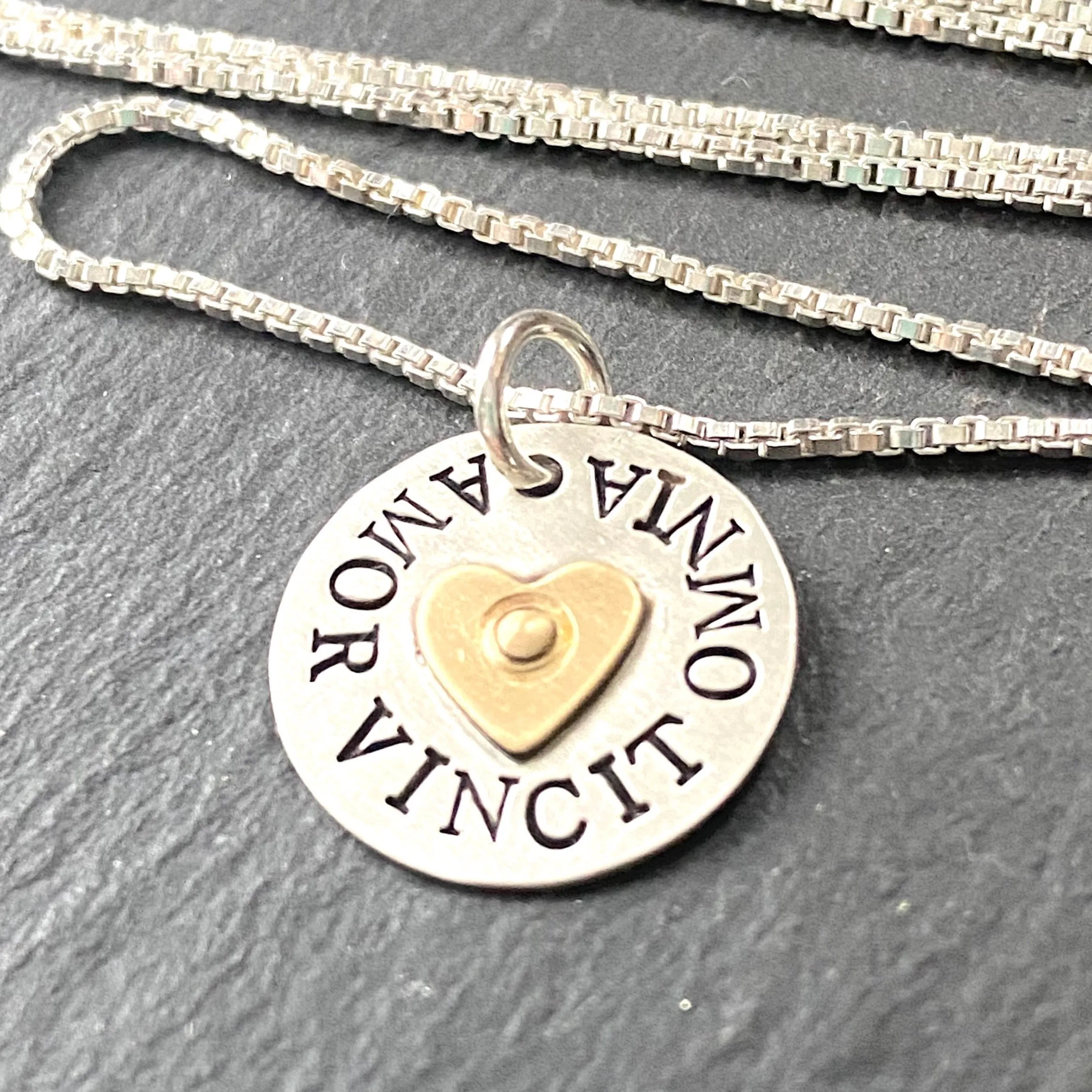Amor vincit omni necklace - sterling silver - Love conquers all - Latin Phrase - Valentine's gift