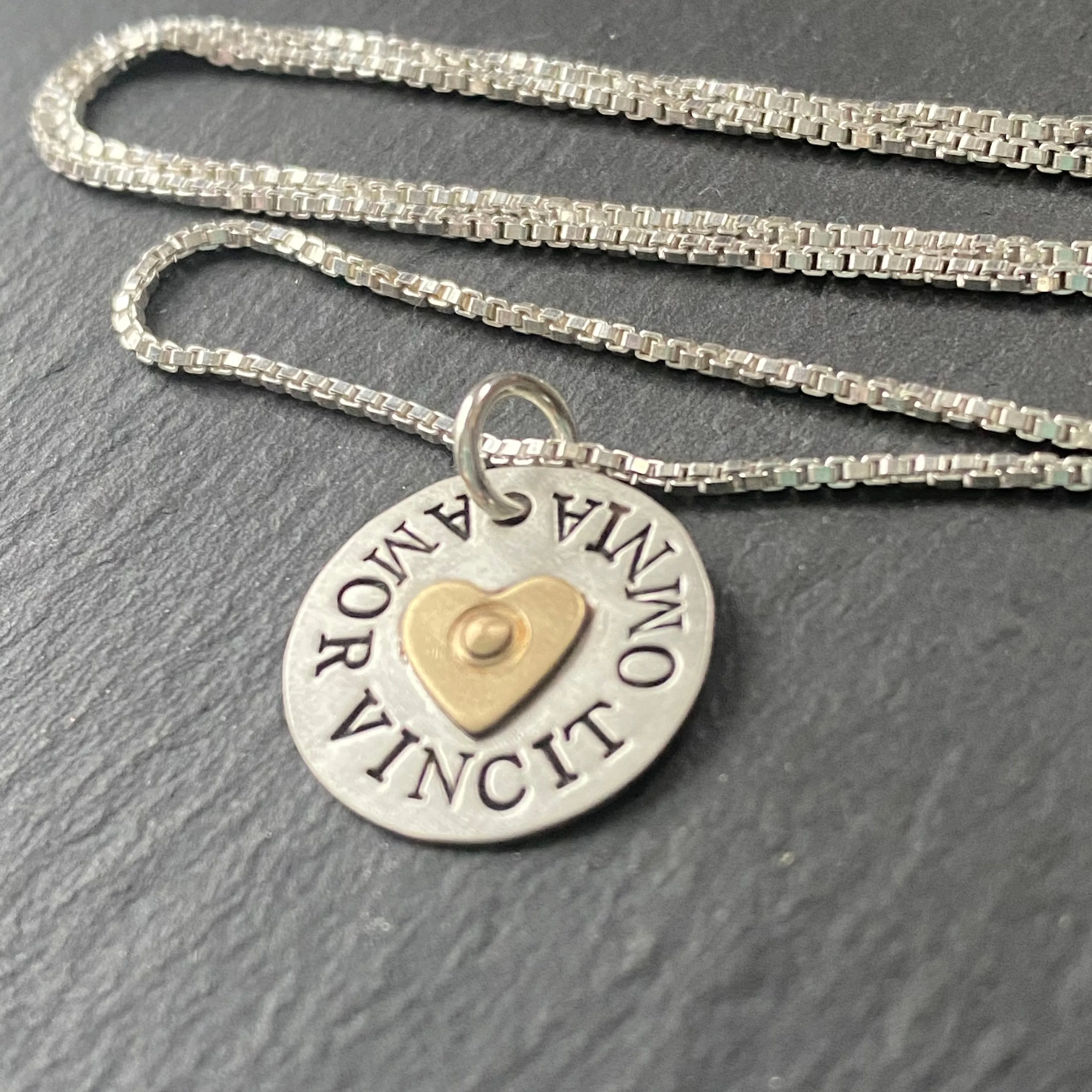 Amor vincit omni necklace - sterling silver - Love conquers all - Latin Phrase - Valentine's gift