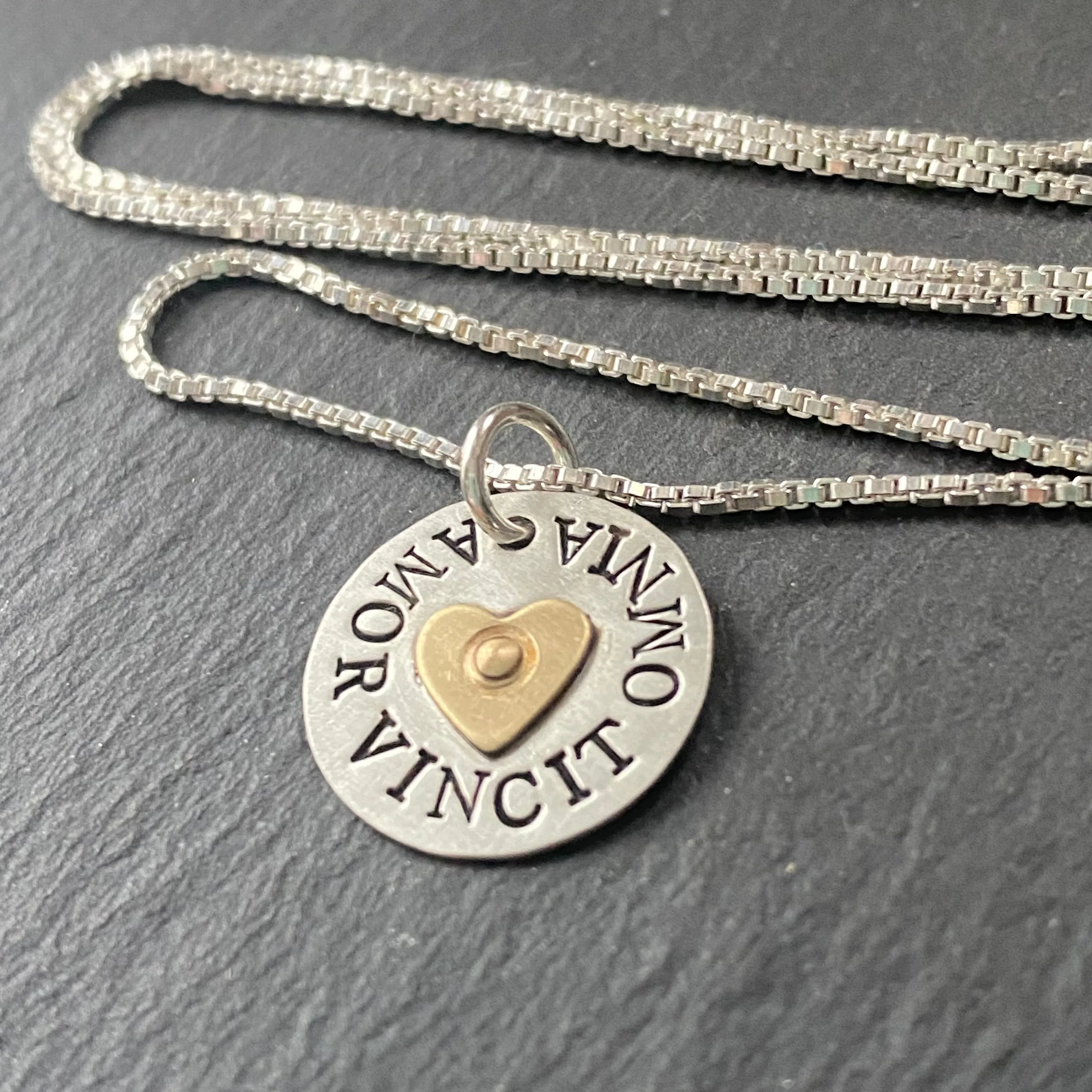 Amor vincit omni necklace - sterling silver - Love conquers all - Latin Phrase - Valentine's gift