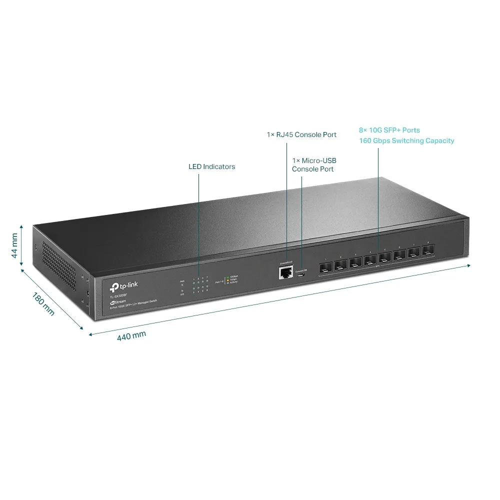 [CLEARANCE] TP-Link TL-SX3008F 8-Port 10GE SFP  L2  Managed Switch 1U 19-inch Rackmount with Up to 160Gbps Switching Capacity, 119.04Mpps Forwarding Rate, Integration with Omada SDN Controller, Static Routing, QoS, SNMP, Dual Image, IPv6