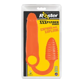 Curve Toys Rooster XXXPANDER Ribbed Penis Extender Sheath with Cockring & Anal Plug Orange