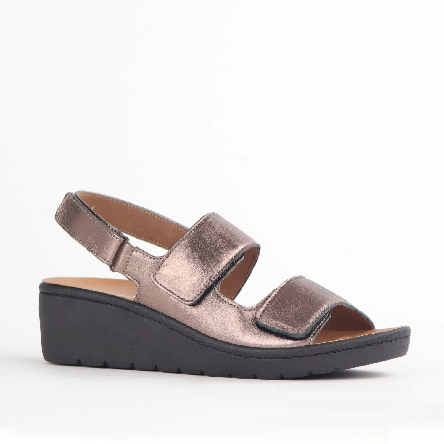 Double Band Wedge Slingback Sandal with Removable Footbed in Lead Metallic - 12533