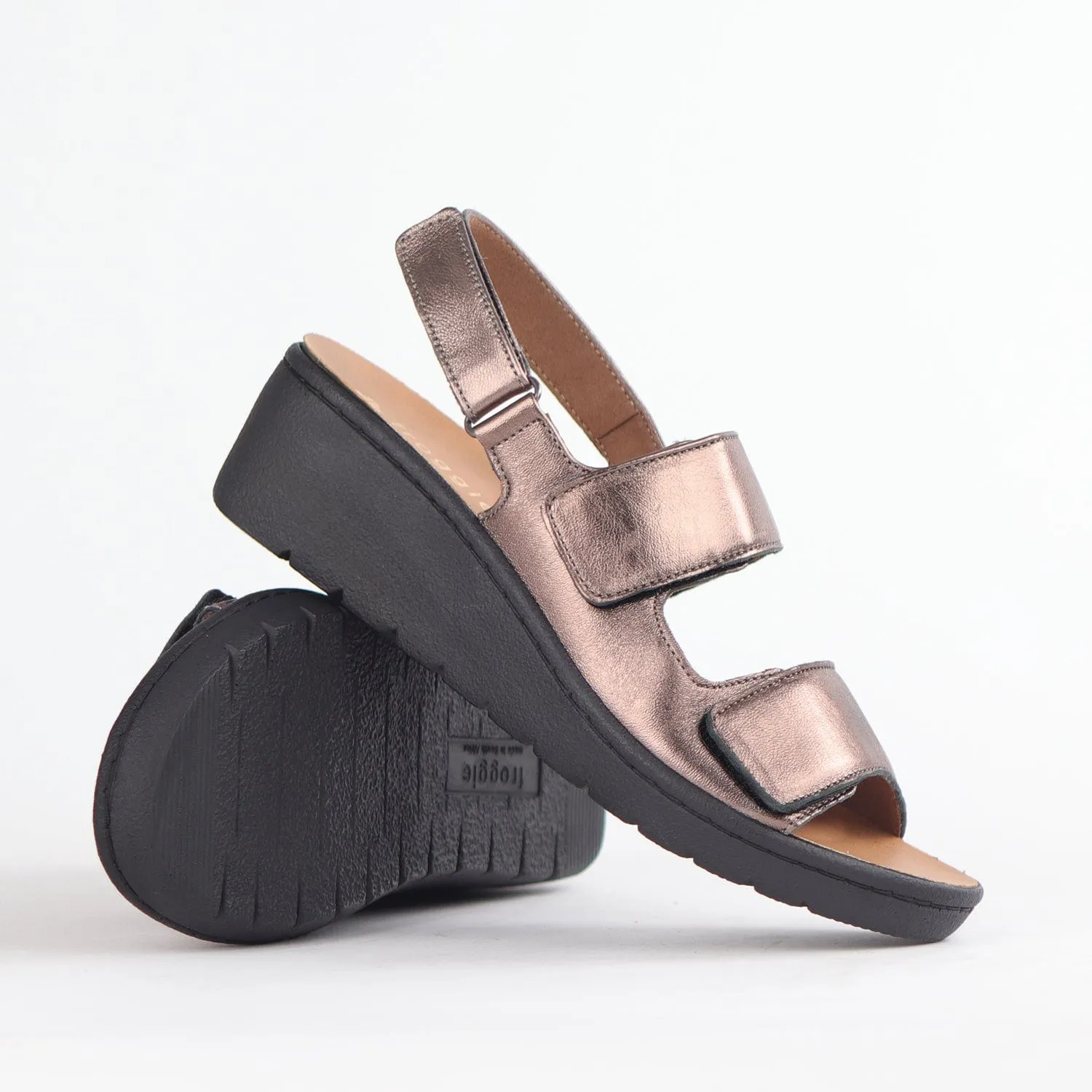 Double Band Wedge Slingback Sandal with Removable Footbed in Lead Metallic - 12533