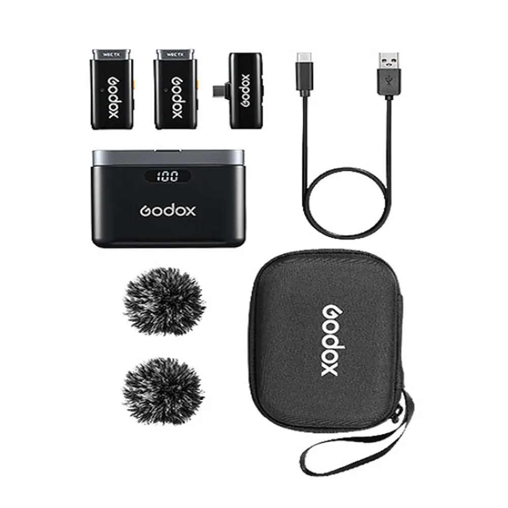 Godox WES2 Dual TX   RX 2-Person Wireless Clip-On Lavalier Microphone Kit System Omnidirectional with Dual Channel USB Type-C Receiver, 200m Max Range, 1400mAh Charging Case, iOS / Android App Controls for Vlog Vlogging, Interviews | WES2 KIT2