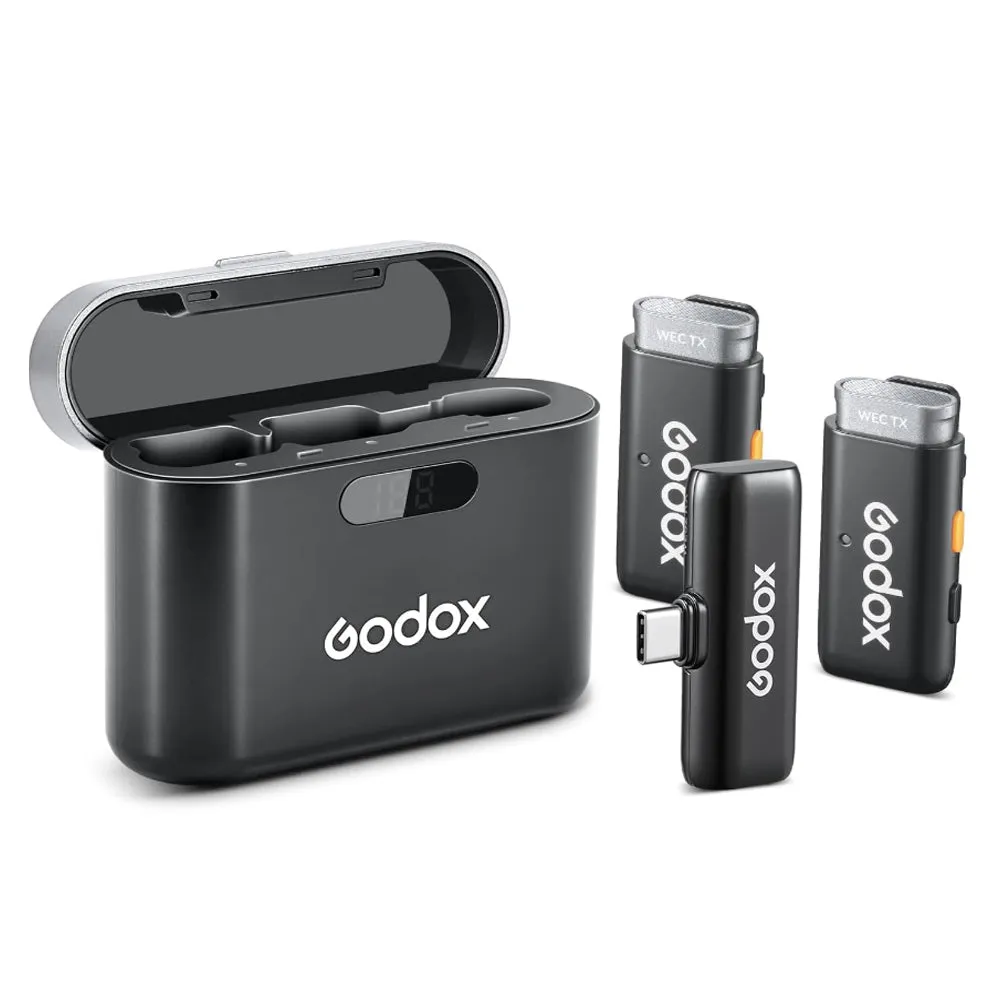Godox WES2 Dual TX   RX 2-Person Wireless Clip-On Lavalier Microphone Kit System Omnidirectional with Dual Channel USB Type-C Receiver, 200m Max Range, 1400mAh Charging Case, iOS / Android App Controls for Vlog Vlogging, Interviews | WES2 KIT2