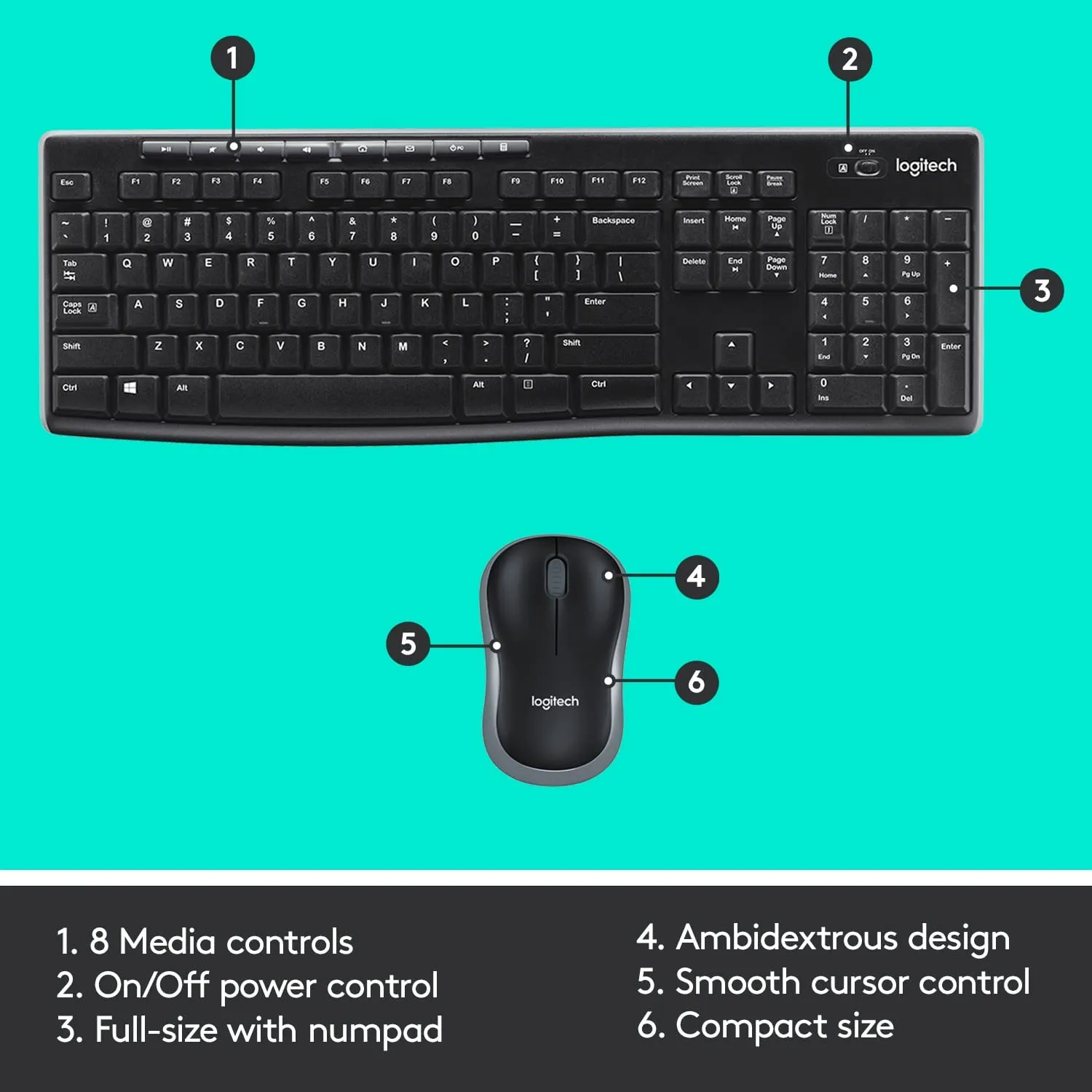 Logitech MK270 Wireless Keyboard and Mouse Desktop Kit, USB, Spill Resistant, 2.4 GHz Wireless, 8 Multimedia and Shortcut Keys