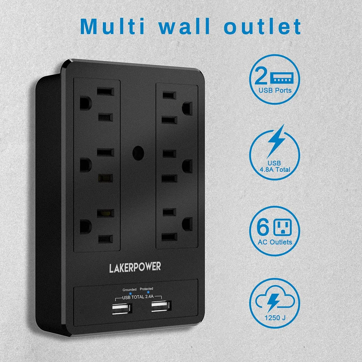 Multi Plug Outlet Extender Wall Mount, USB Wall Charger with Dual Ports(2.4A Total, Smart IC), Surge Protector 1875W, 1250J Protection, Outlet Splitter for Multi Devices, Dorm, Classroom, School Use