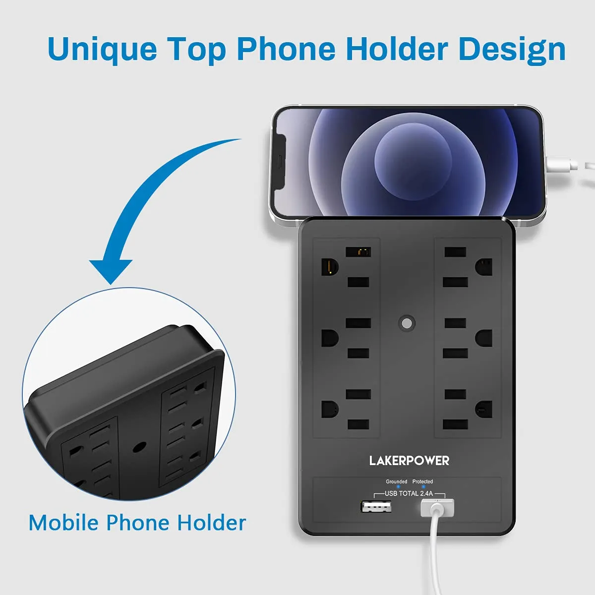Multi Plug Outlet Extender Wall Mount, USB Wall Charger with Dual Ports(2.4A Total, Smart IC), Surge Protector 1875W, 1250J Protection, Outlet Splitter for Multi Devices, Dorm, Classroom, School Use