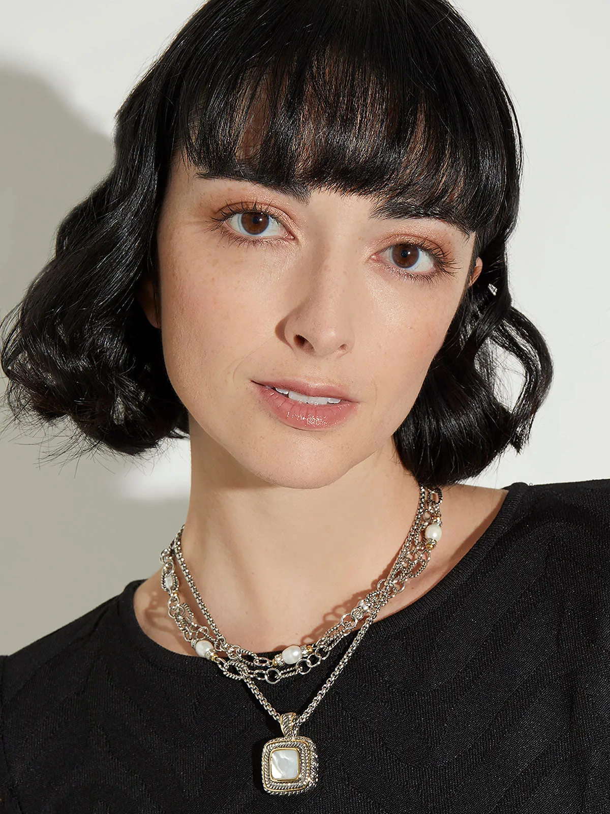 Pearl Square Pendant Two-Tone Necklace