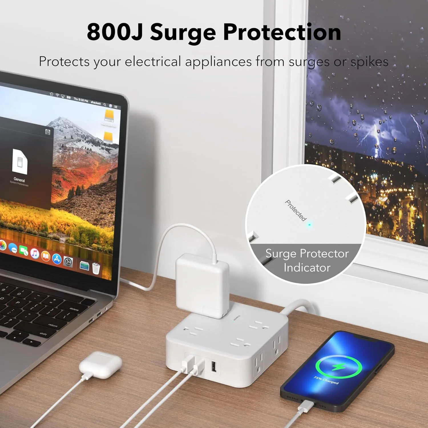 Surge Protector Power Strip with 3 USB Ports(1 USB C and 2 USB A),5 Ft Flat Plug Extension Cord with Multiple Outlets Bn-link