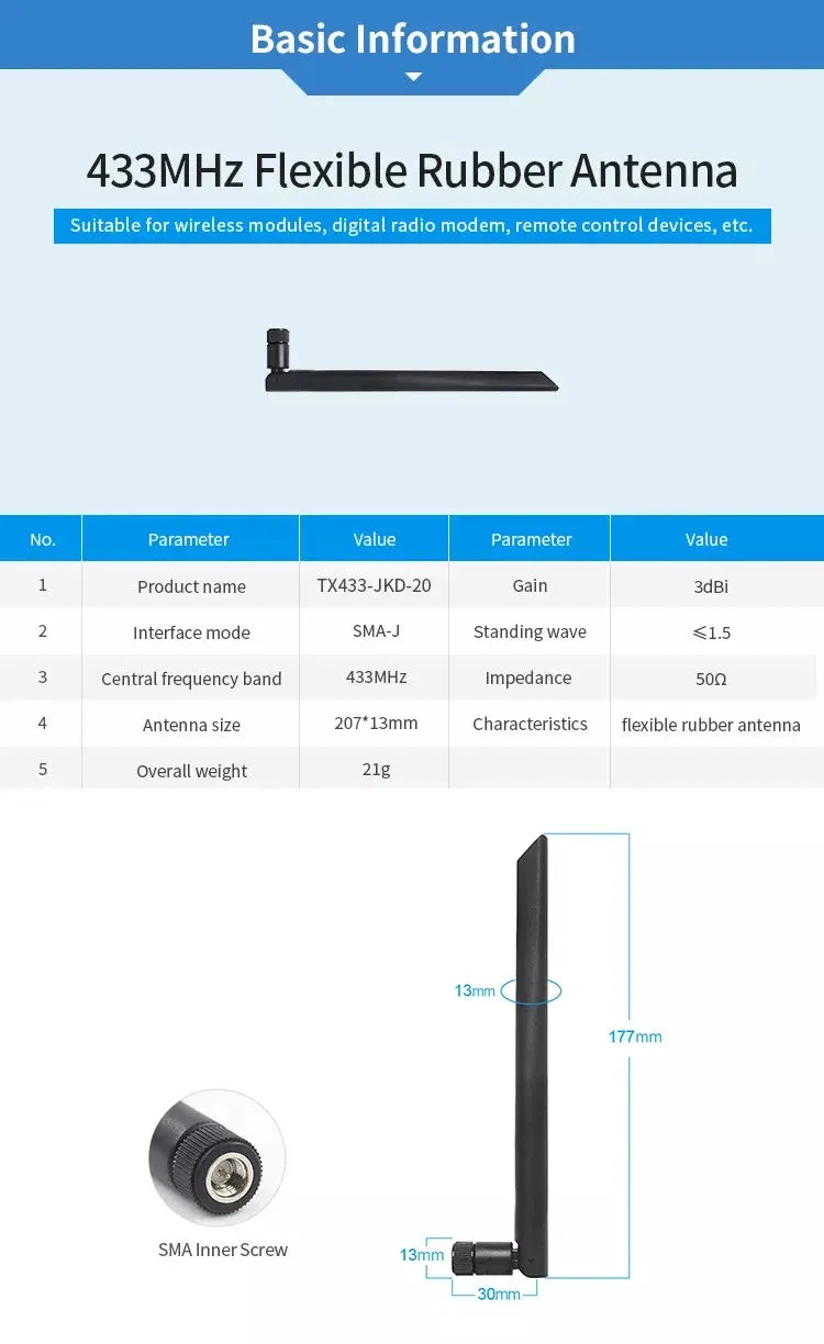 TX433-JKD-20 433Mhz straight rubber antenna communication 3dBi high gain TPEE waterproof antenna